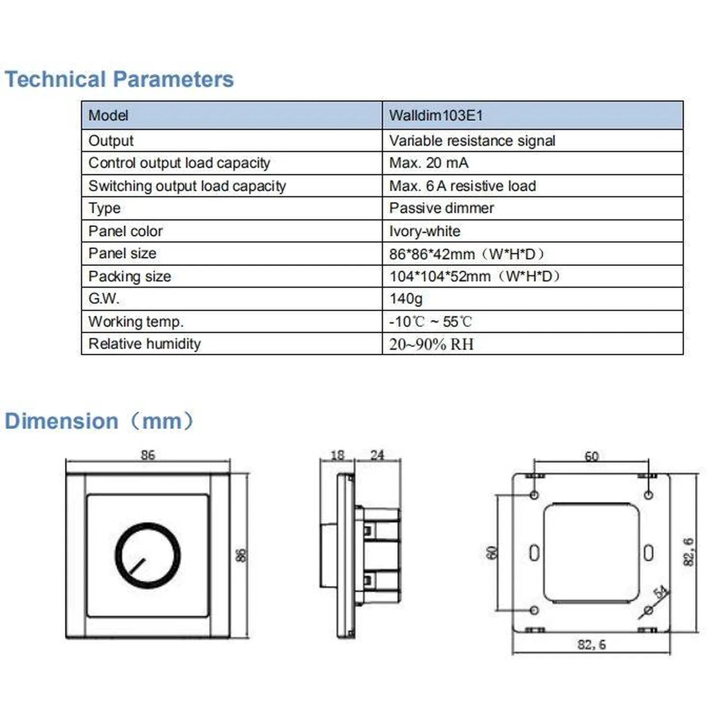 Technical specifications and dimension diagrams for Walldim103E1 passive dimmer switch with rotary control.