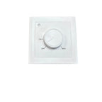 White rotary dimmer switch with sun icon, labeled ON, OFF, and MAX positions, mounted in wall plate.