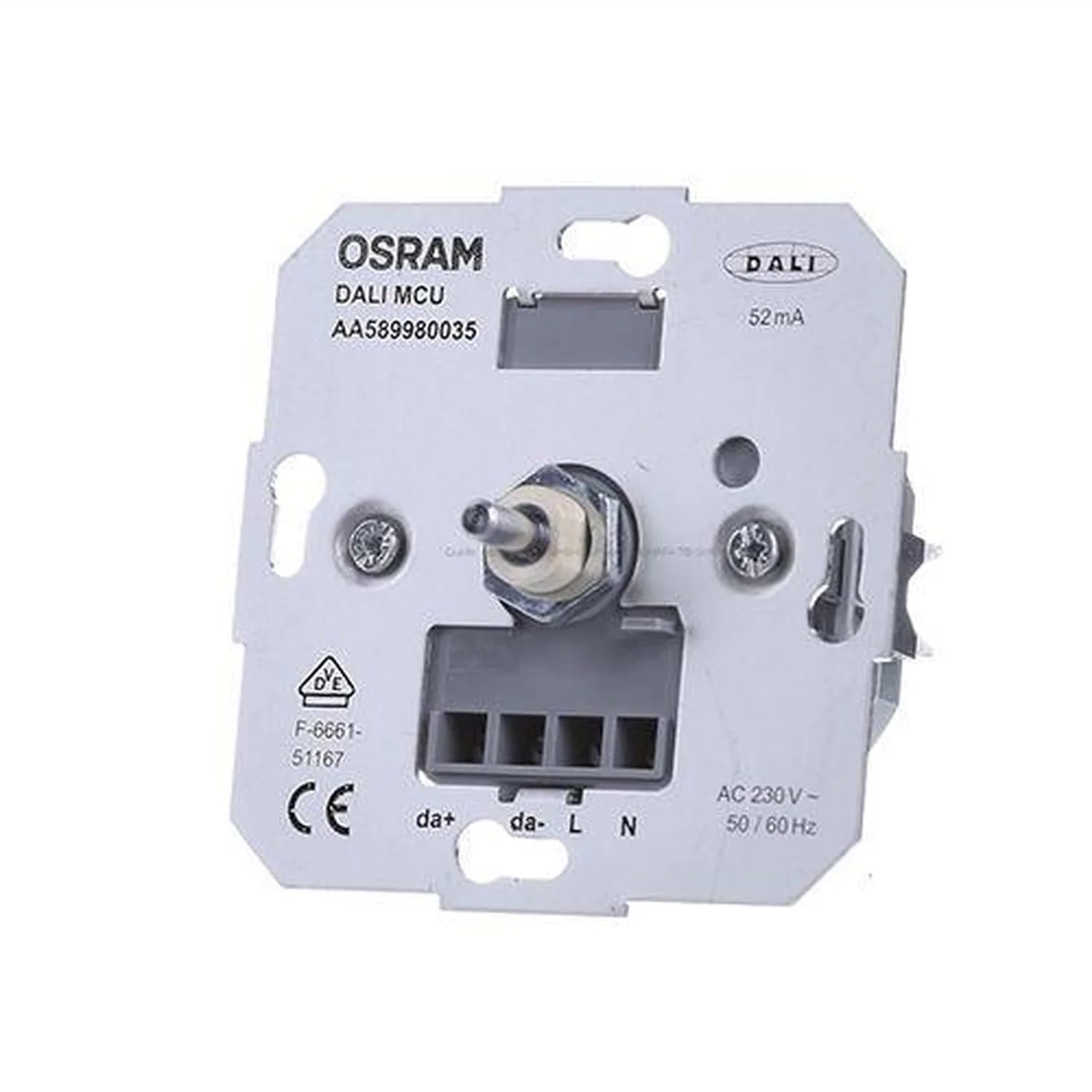 OSRAM DALI MCU rotary dimmer switch module showing front face with potentiometer dial, terminal block connections, and specif