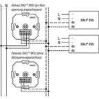 Wiring diagram showing DALI MCU rotary dimmer switch connections to two DALI EVG devices, with active and passive network con