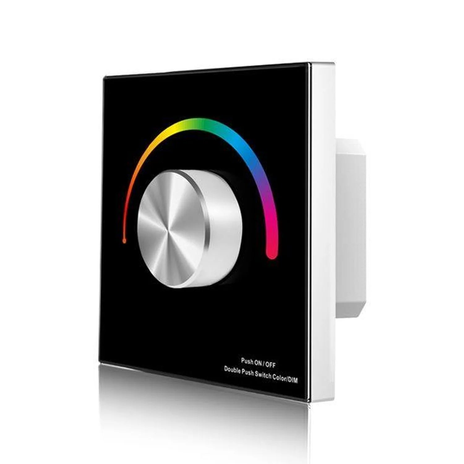 RGB LED dimmer controller with black glass panel, metallic rotary knob, and colorful rainbow arc display showing color wheel 