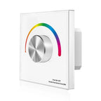 White glass panel RGB LED controller with metallic rotary knob and rainbow-colored arc indicator, labeled "Push ON/OFF Double