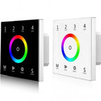 Two RGB touch panel remotes displayed side by side, one with black glass and one with white glass, each featuring a colorful 