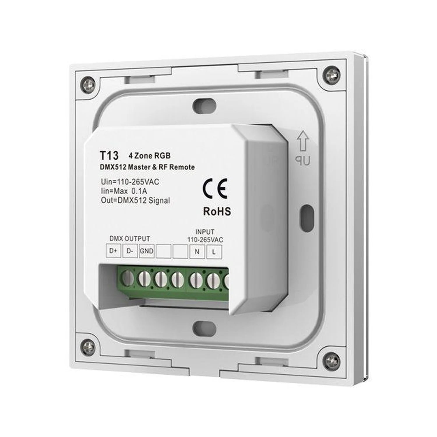 Back panel view of T13 4 Zone RGB DMX512 remote control showing terminal connections and specifications.