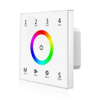 White glass panel remote control with rainbow color wheel, power button, and controls for 4 zones, mode, speed, brightness, a