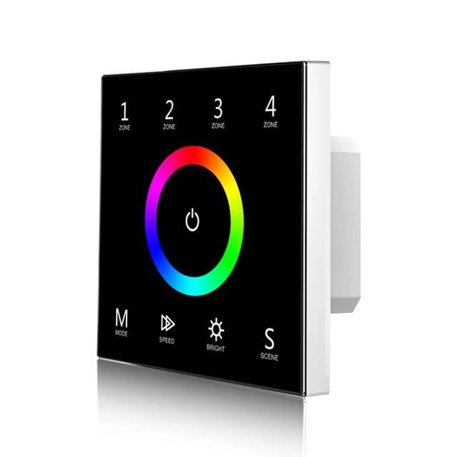 RGB 4 Zone Touch Glass Panel Remote Control with colorful circular dial, zone buttons 1-4, and mode, speed, brightness, and s