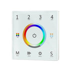 White square LED controller with colorful ring dial, power button, and labeled zones and controls for RGB, CCT, mode, speed, 