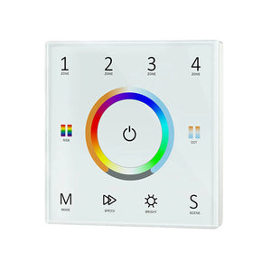 White square LED controller with colorful ring dial, power button, and labeled zones and controls for RGB, CCT, mode, speed, 