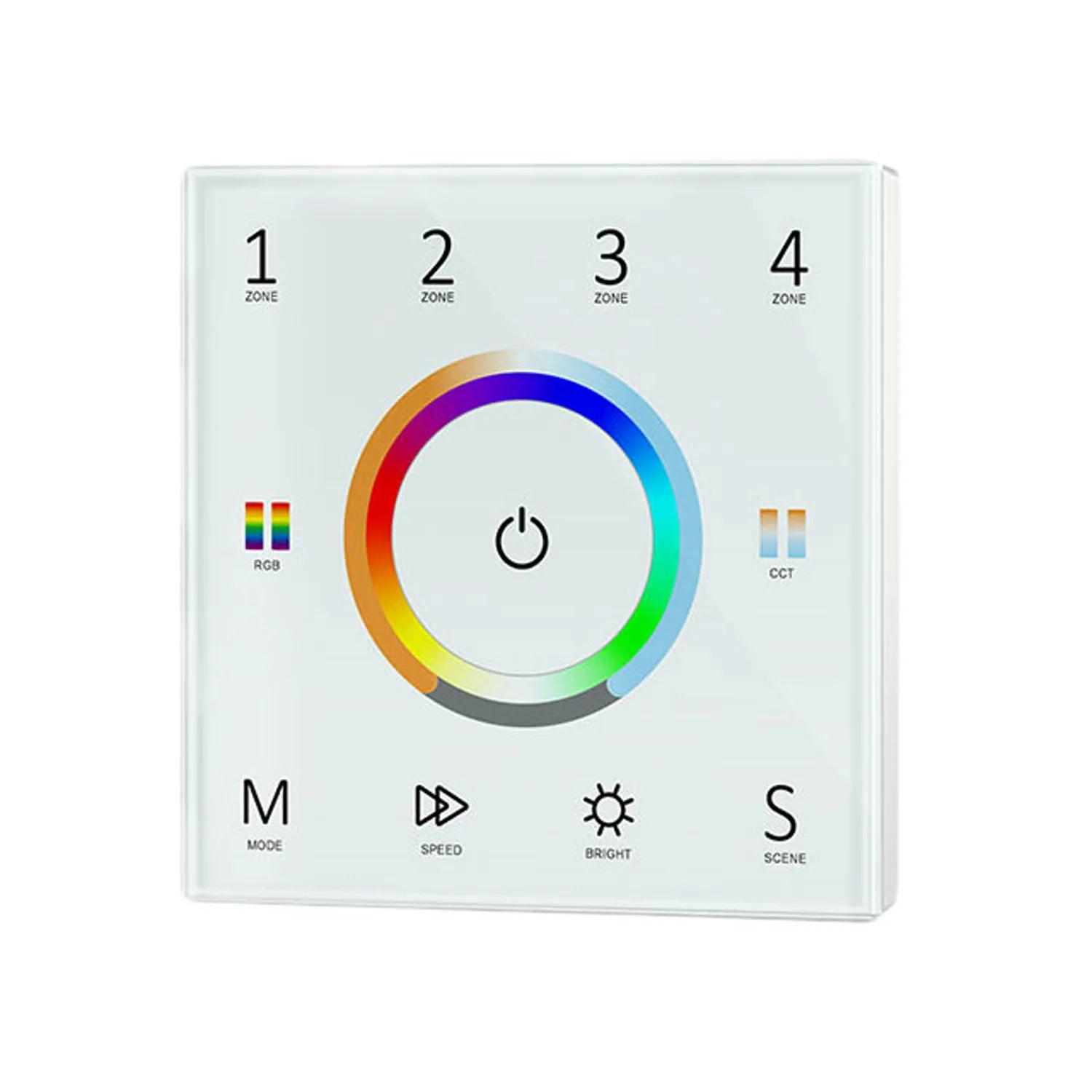 White square LED controller with colorful ring dial, power button, and labeled zones and controls for RGB, CCT, mode, speed, 