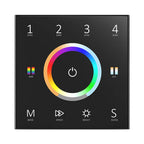 Black square LED controller with color wheel, power button, and controls for zones, RGB, CCT, mode, speed, brightness, and sc