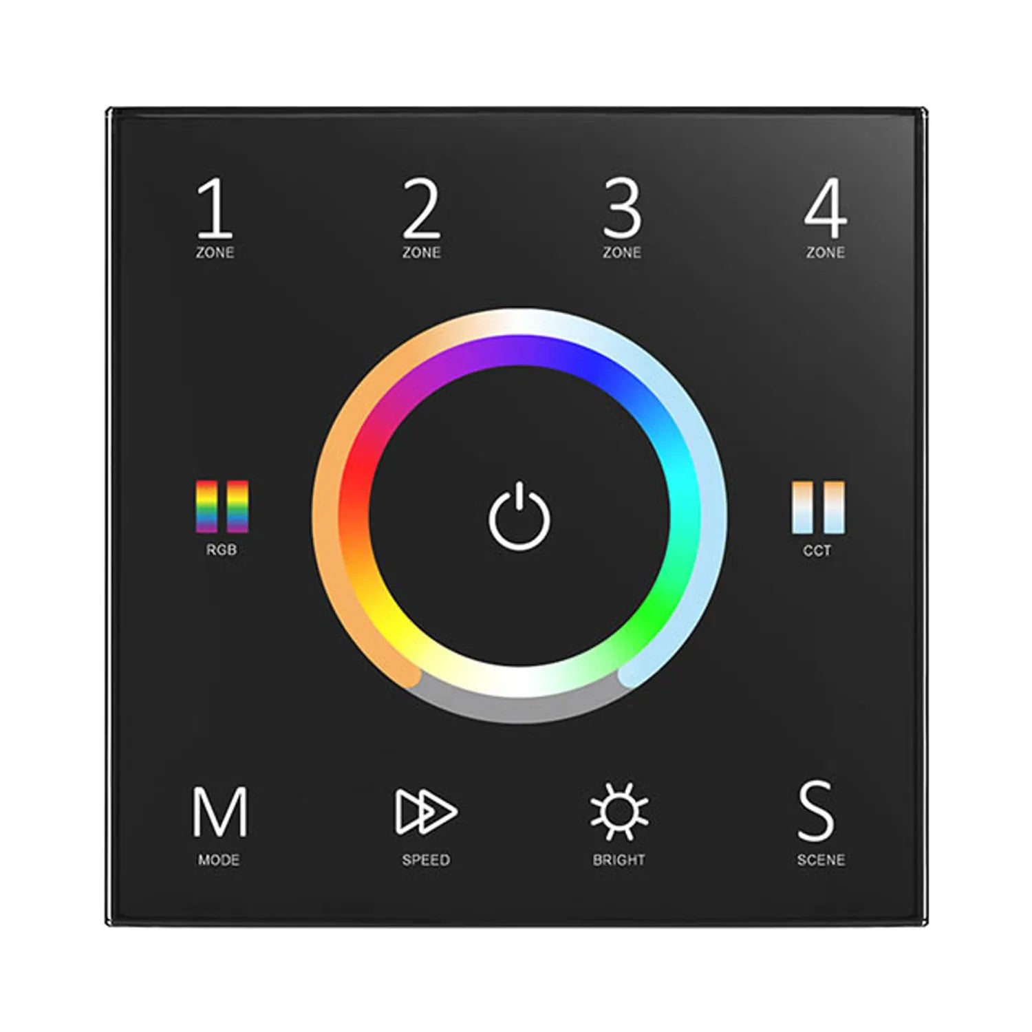Black square LED controller with color wheel, power button, and controls for zones, RGB, CCT, mode, speed, brightness, and sc