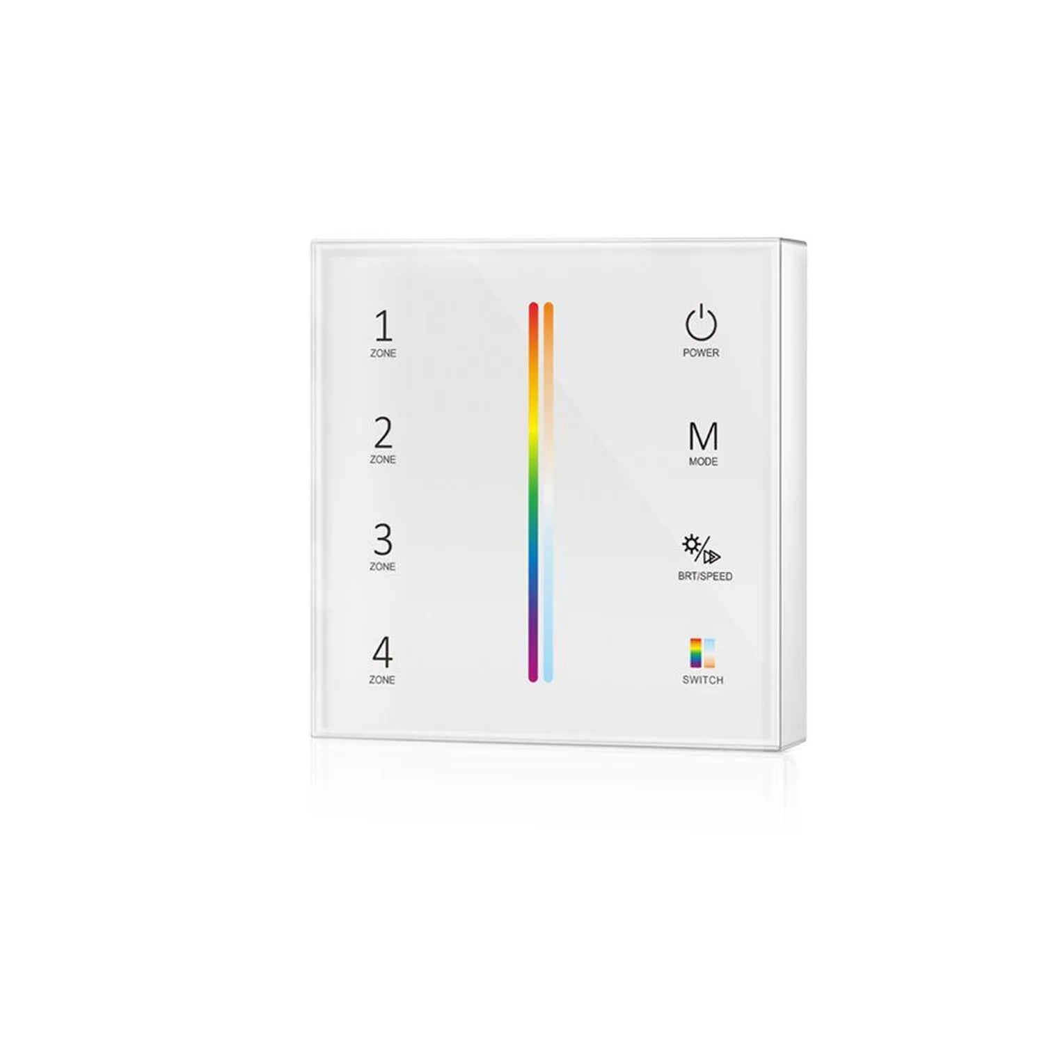 White square wireless remote dimmer switch with four zone buttons, power button, mode button, brightness and speed controls, 