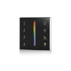Black wireless remote control with four zone buttons, power, mode, brightness/speed, and color switch controls, featuring a c