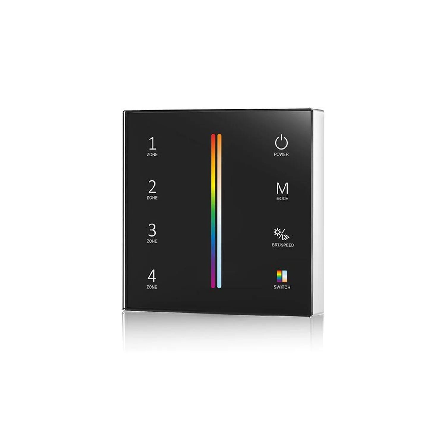 Black wireless remote control with four zone buttons, power, mode, brightness/speed, and color switch controls, featuring a c