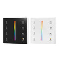 Black and white LED RGB CCT touch dimmer controllers with four zone buttons, power switch, mode button, brightness/speed slid
