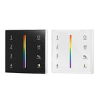 Black and white LED RGB CCT touch dimmer controllers with four zone buttons, power switch, mode button, brightness/speed slid