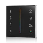 Black LED controller panel with touch controls for 4 zones, power, mode, brightness/speed, and color switch buttons, featurin