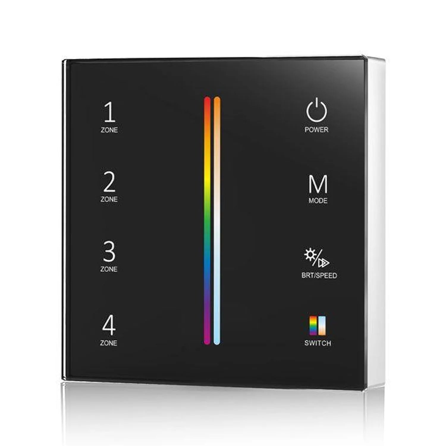 Black LED controller panel with touch controls for 4 zones, power, mode, brightness/speed, and color switch buttons, featurin