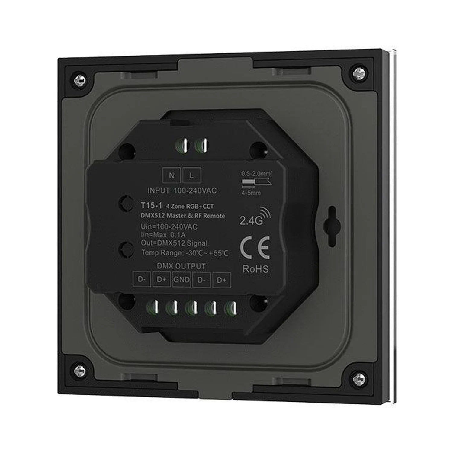 Back panel of T15-1 4 Zone RGB+CCT DMX512 controller showing input terminals, DMX output connectors, and CE/RoHS certificatio