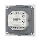 T15-1 4 Zone RGB+CCT DMX512 Master controller mounted in wall plate, showing input terminals, DMX output connections, and 2.4