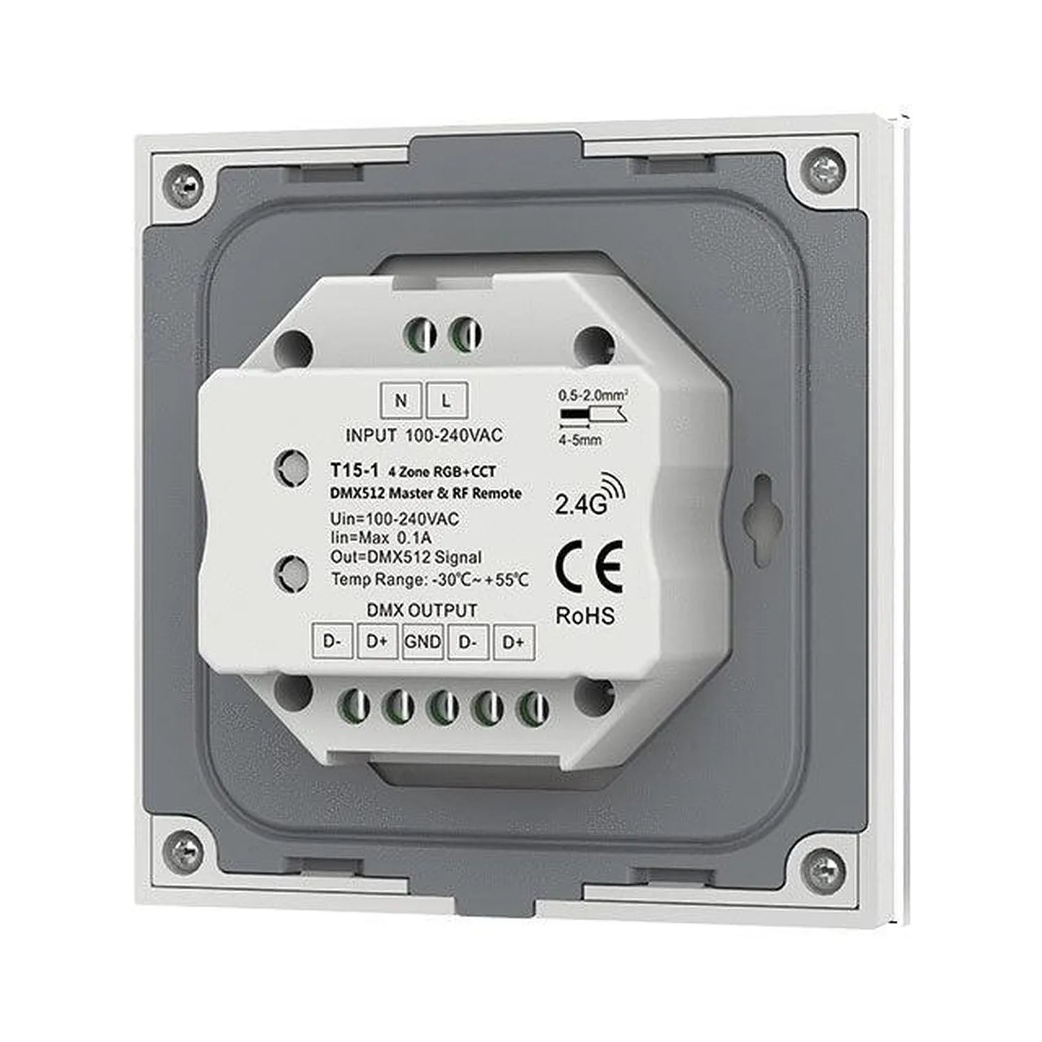 T15-1 4 Zone RGB+CCT DMX512 Master controller mounted in wall plate, showing input terminals, DMX output connections, and 2.4