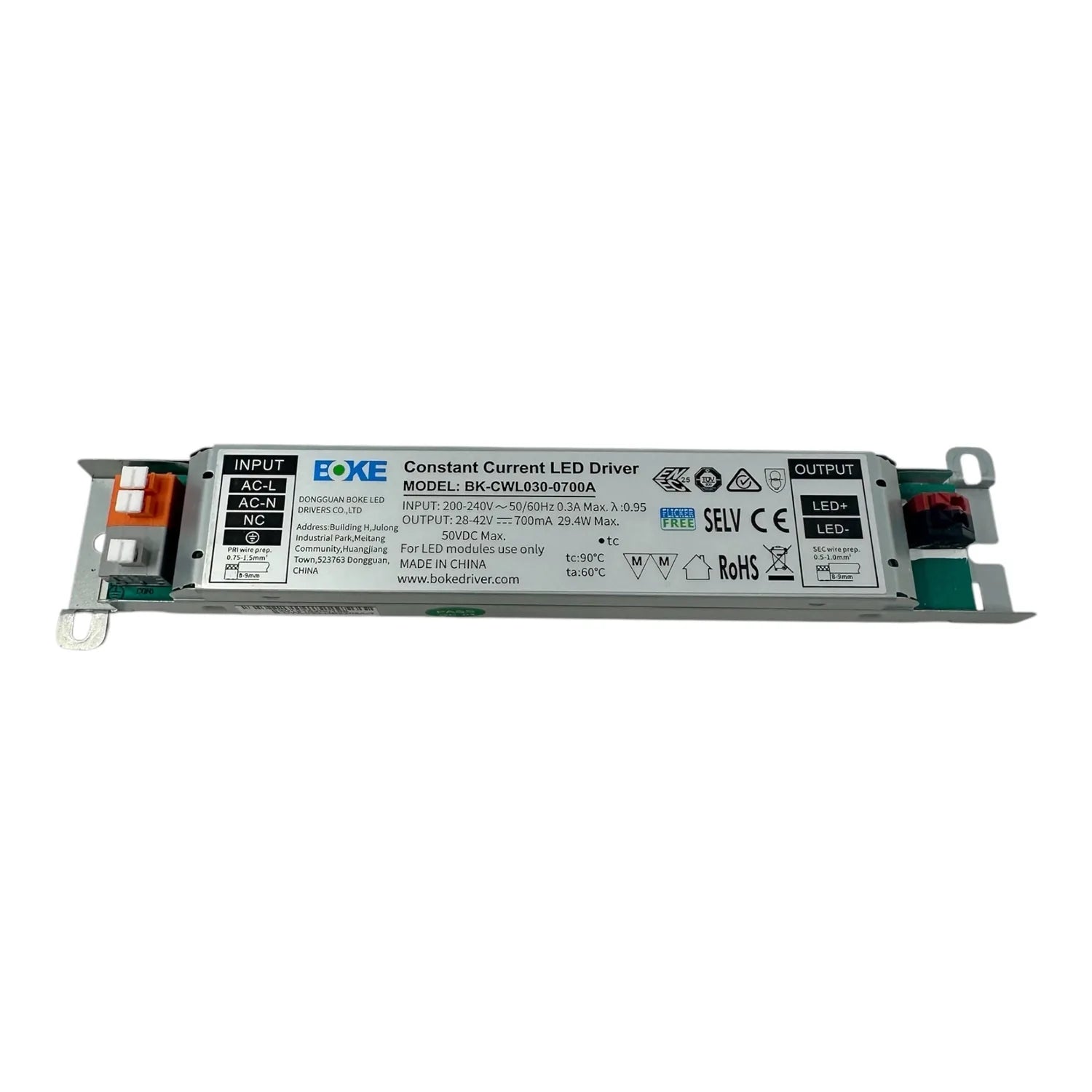 BOKE constant current LED driver model BK-CWL030-0700A, linear aluminum housing with input/output terminals and certification