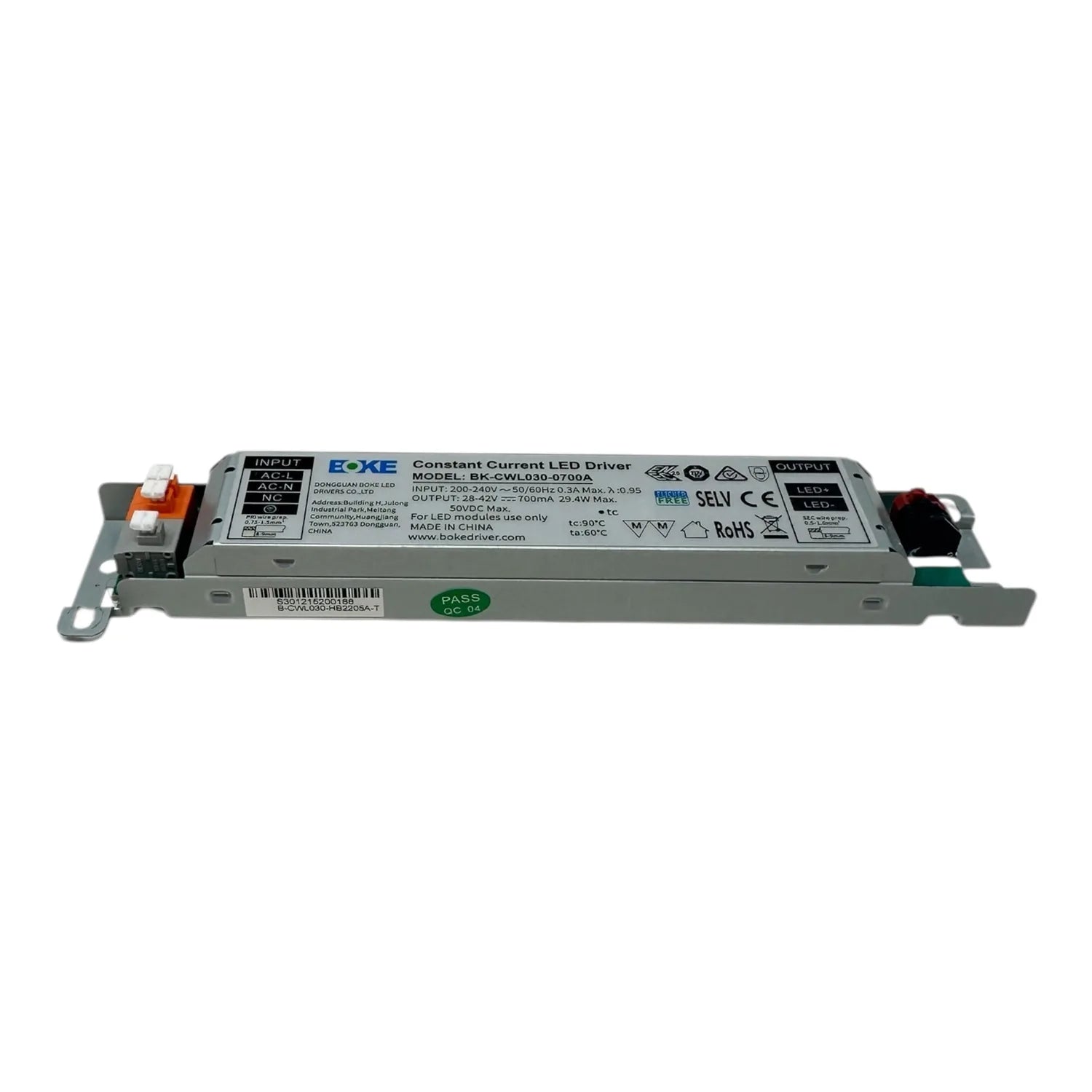 Boke constant current LED driver model BK-CWL030-0700A, rectangular aluminum unit with input terminals, output connections, a
