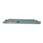 Gray aluminum LED driver module with barcode label and green "PASS QC 04" certification sticker, shown from above against whi