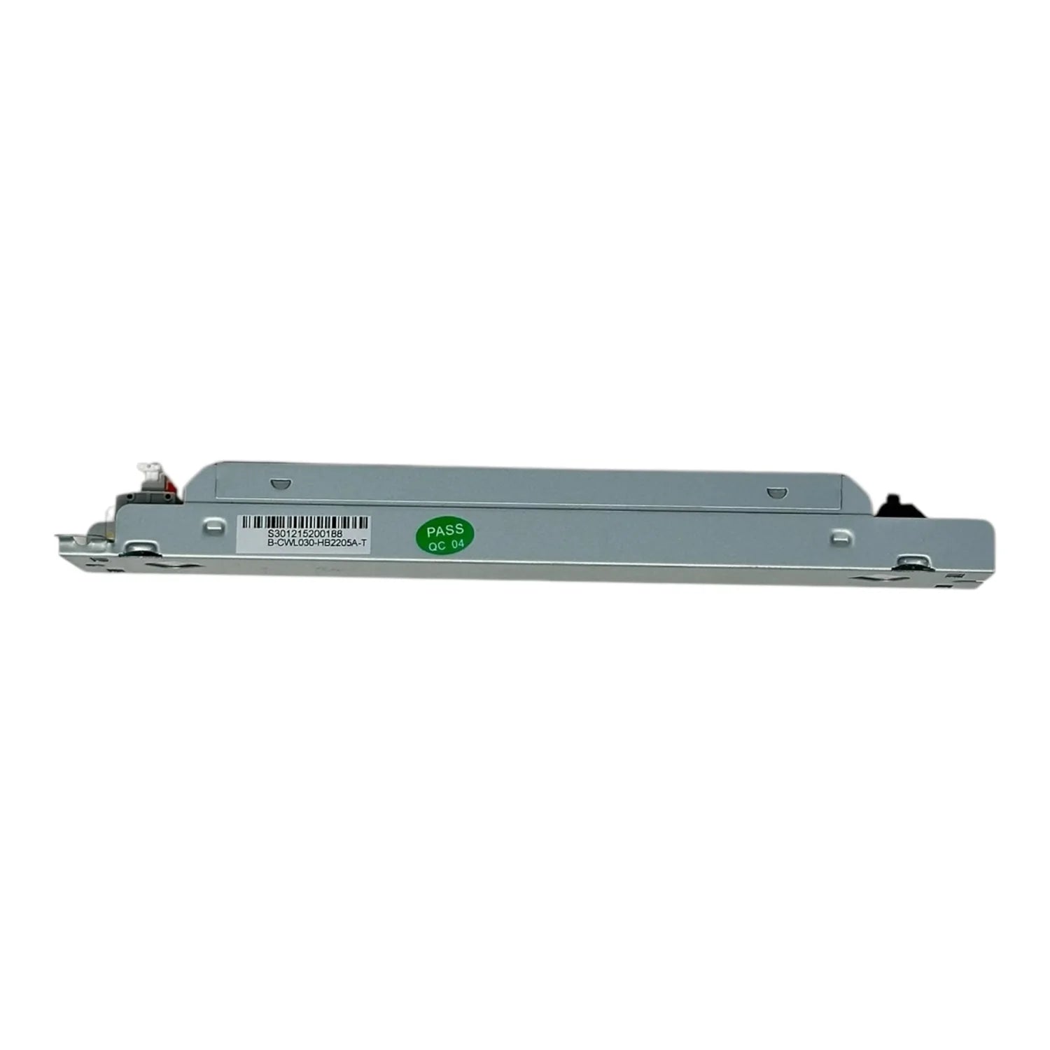 Gray aluminum LED driver module with barcode label and green "PASS QC 04" certification sticker, shown from above against whi