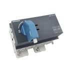 Socomec Sirco MC PV 40A DC isolator switch with blue manual handle and gray housing, mounted on white DIN rail base.