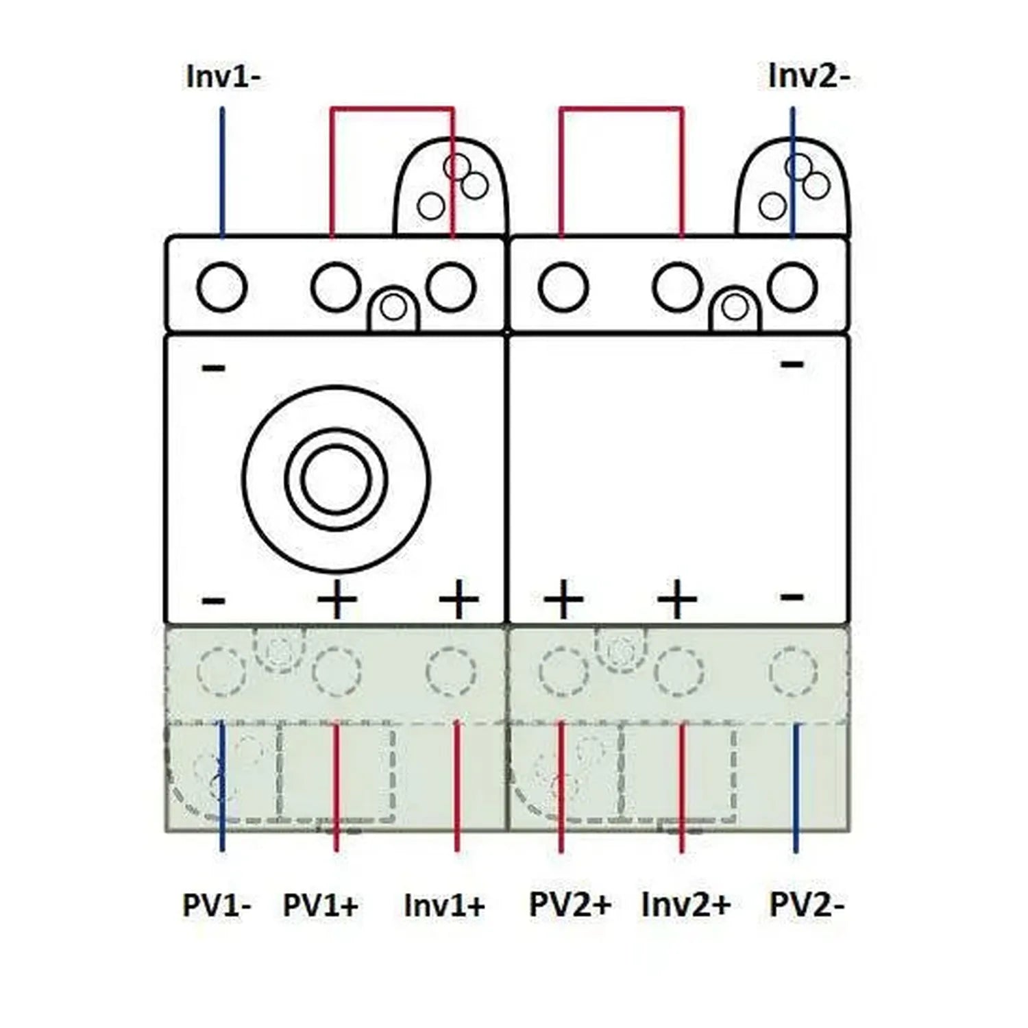 Technical schematic diagram of a 3-pole DC isolator switch showing internal contacts, terminals, and connection points labele