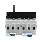 Front view of a three-pole DC isolator switch with white terminals, black operating handle, and blue manual override buttons.