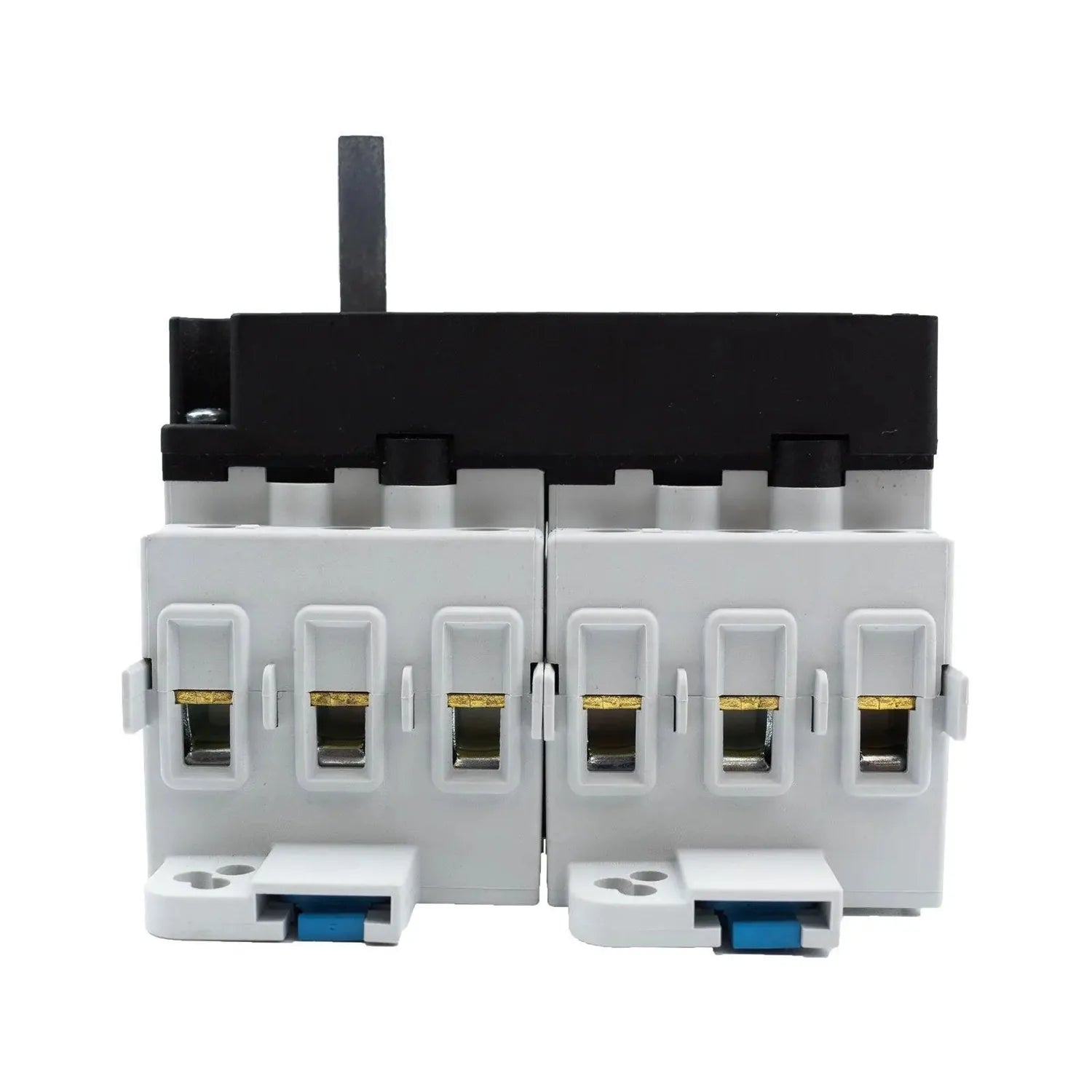 Front view of a three-pole DC isolator switch with white terminals, black operating handle, and blue manual override buttons.