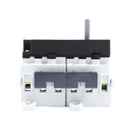Front view of white 3-pole DC isolator switch with black operating handle and brass terminals, product alone on white backgro