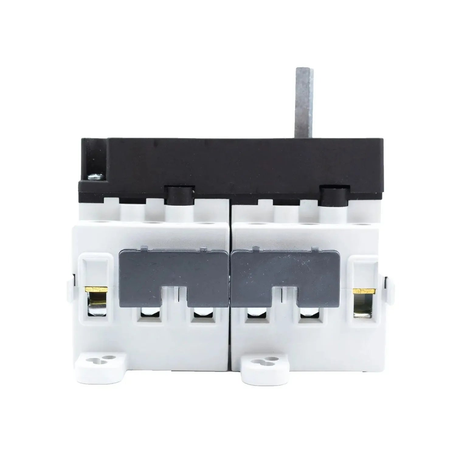 Front view of white 3-pole DC isolator switch with black operating handle and brass terminals, product alone on white backgro