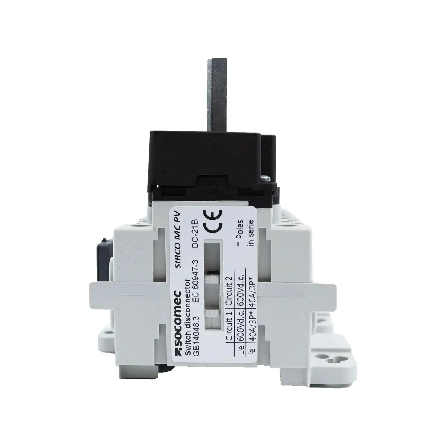 Socomec Sirco MC PV DC isolator switch with black handle and white housing, front view showing technical specifications label