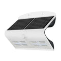 White solar-powered LED wall light with dual black solar panels on top and motion sensor, featuring eight LED lights below. P