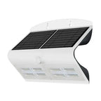 White solar-powered LED wall light with dual black solar panels on top and motion sensor, featuring eight LED lights below. P