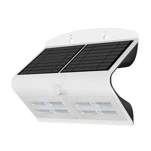 White solar-powered LED wall light with dual black solar panels on top and motion sensor, featuring eight LED lights below. P