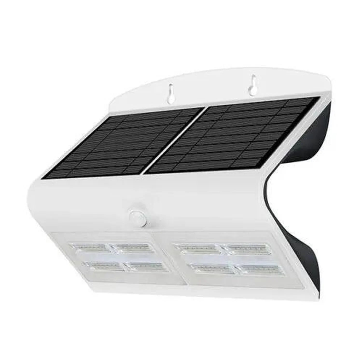 White solar-powered LED wall light with dual black solar panels on top and motion sensor, featuring eight LED lights below. P