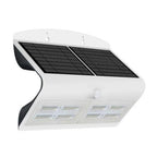 White solar-powered LED wall light with dual black solar panels on top, motion sensor, and eight LED lights below, shown as p