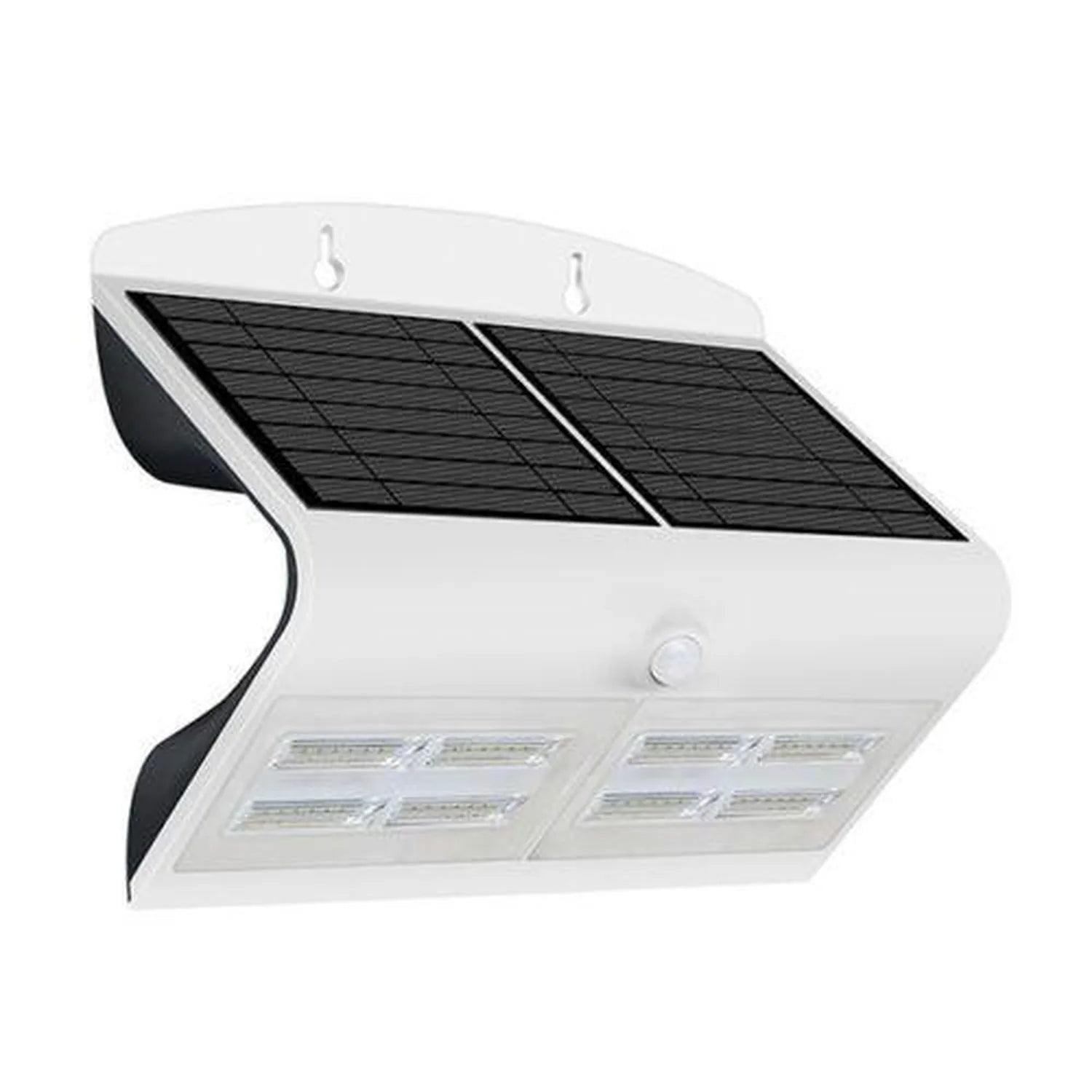 White solar-powered LED wall light with dual black solar panels on top, motion sensor, and eight LED lights below, shown as p