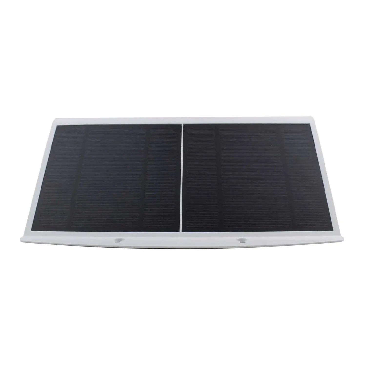 Foldable dual-panel solar charger with black photovoltaic cells and white frame, shown flat against white background.