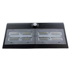 Solar LED wall light with dual panel design, 8 LED modules, and motion sensor on black housing, product shot on white backgro