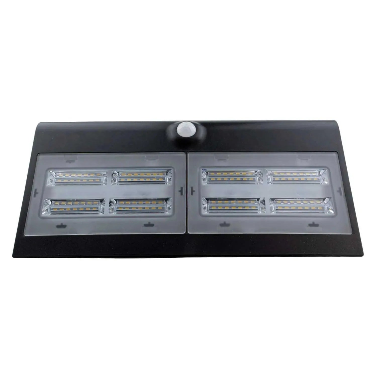 Solar LED wall light with dual panel design, 8 LED modules, and motion sensor on black housing, product shot on white backgro