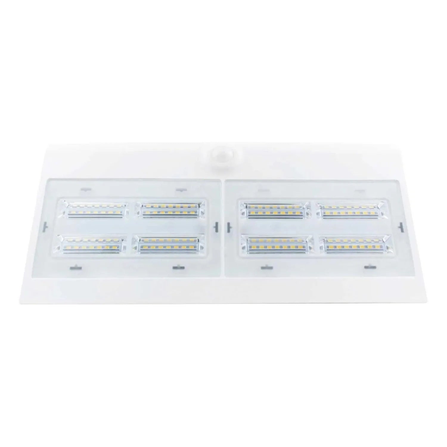 White rectangular solar LED wall light with eight LED modules arranged in two panels, shown against white background.