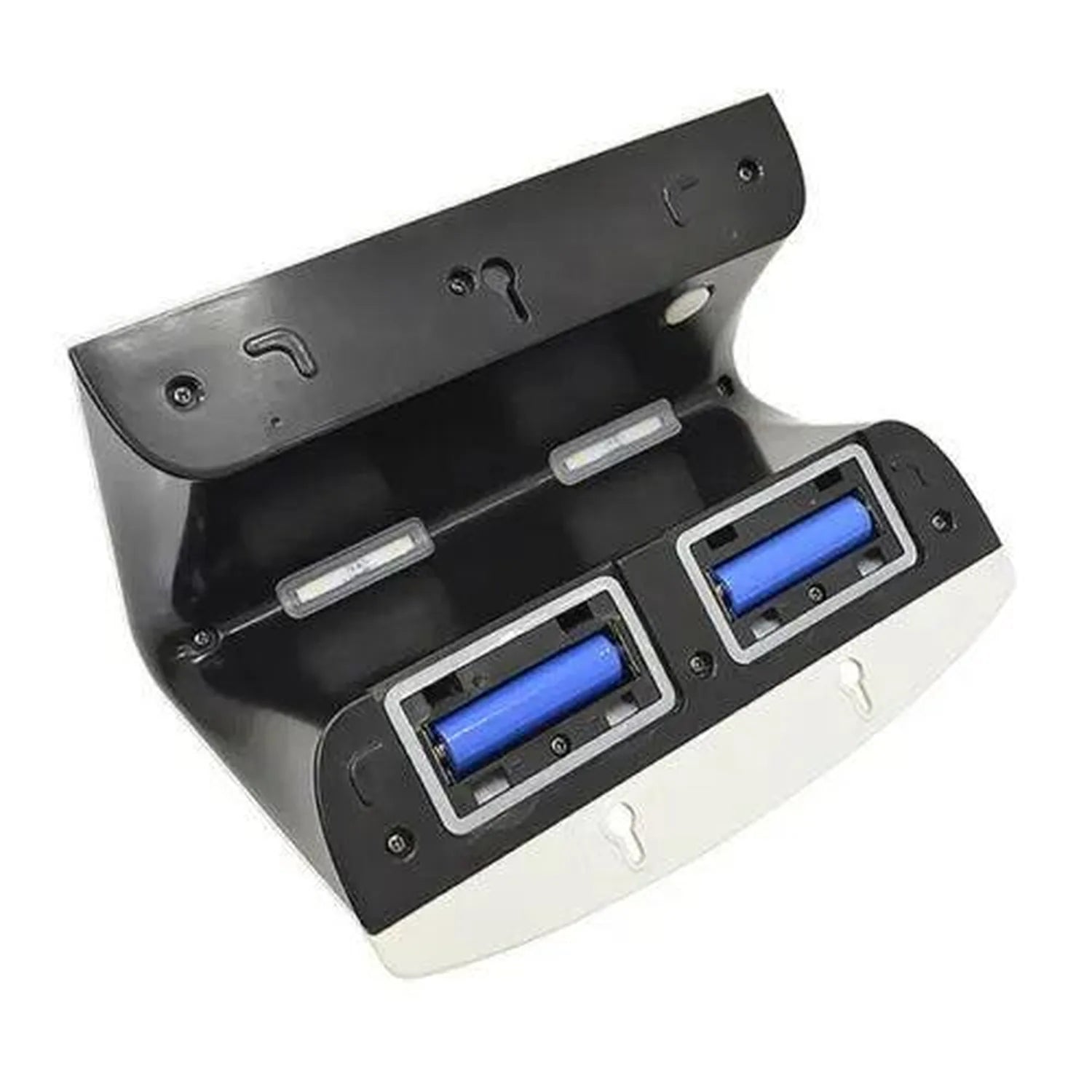 Open solar-powered battery charger with two blue cylindrical batteries installed in compartments, shown on white background.
