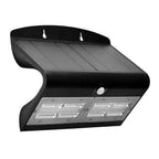 Black solar-powered LED wall light with motion sensor, dual light panels, and curved side profile against white background.