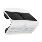 White solar LED wall light with dual black solar panels and motion sensor mounted on white surface.