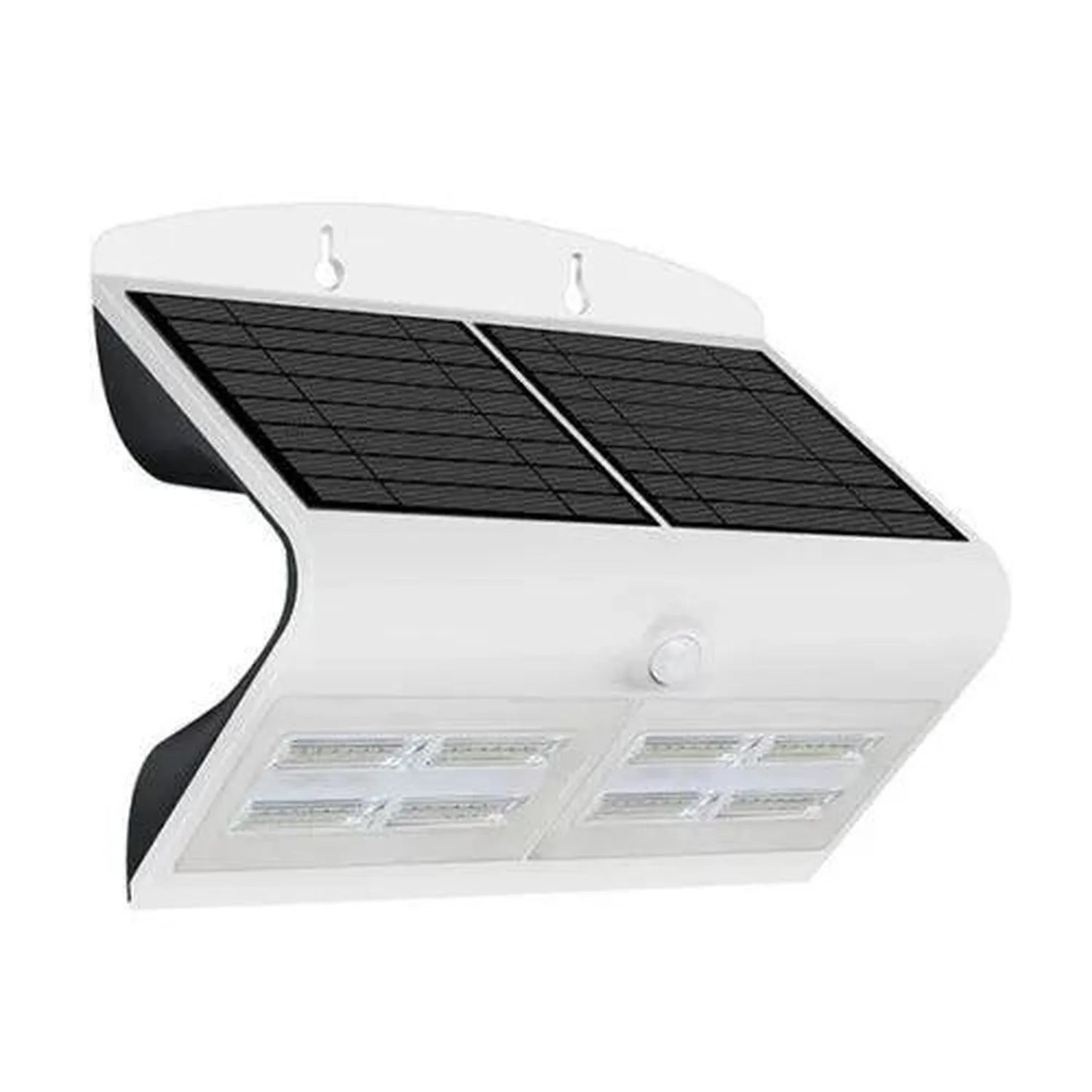 White solar LED wall light with dual black solar panels and motion sensor mounted on white surface.